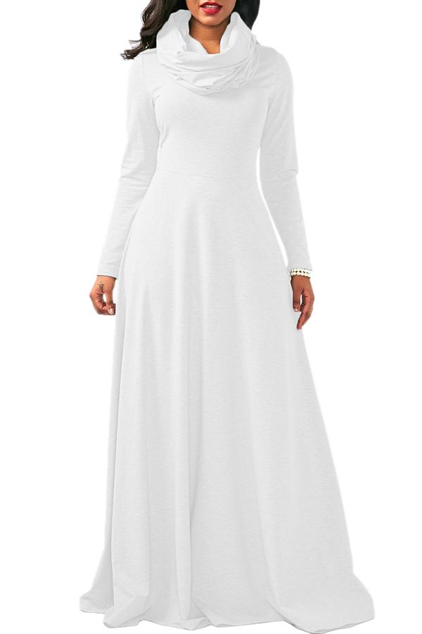 Womens Cowl Neck High Waisted Long Sleeve Plain Maxi Dress White