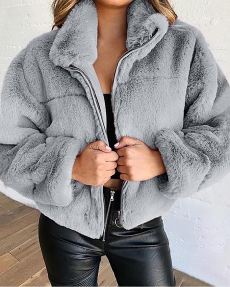 Solid Zip Up Collar Teddy Jacket-yoyobikini