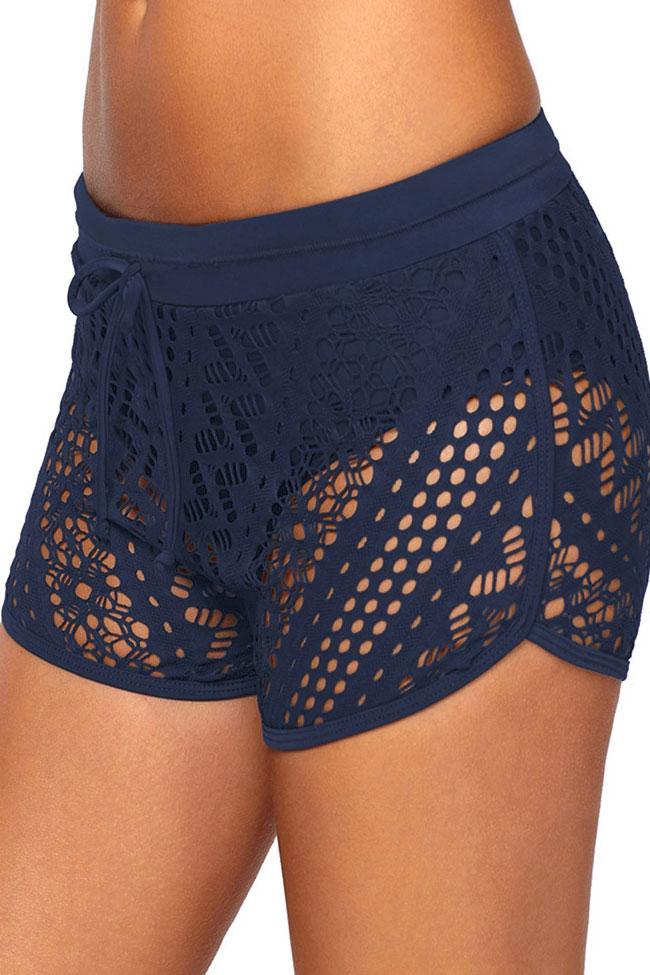Tied Front Hollow Out Lace Overlay Boyshort Bikini Bottom-yoyobikini