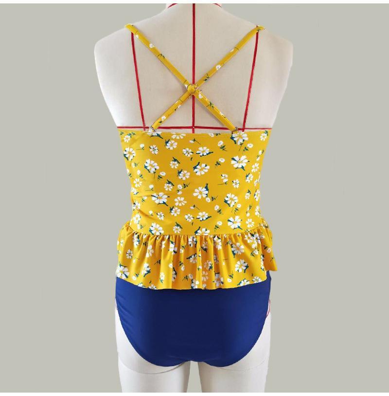 Floral Navy Ruffle And High Waisted Two piece Tankini Swimsuit-yoyobikini