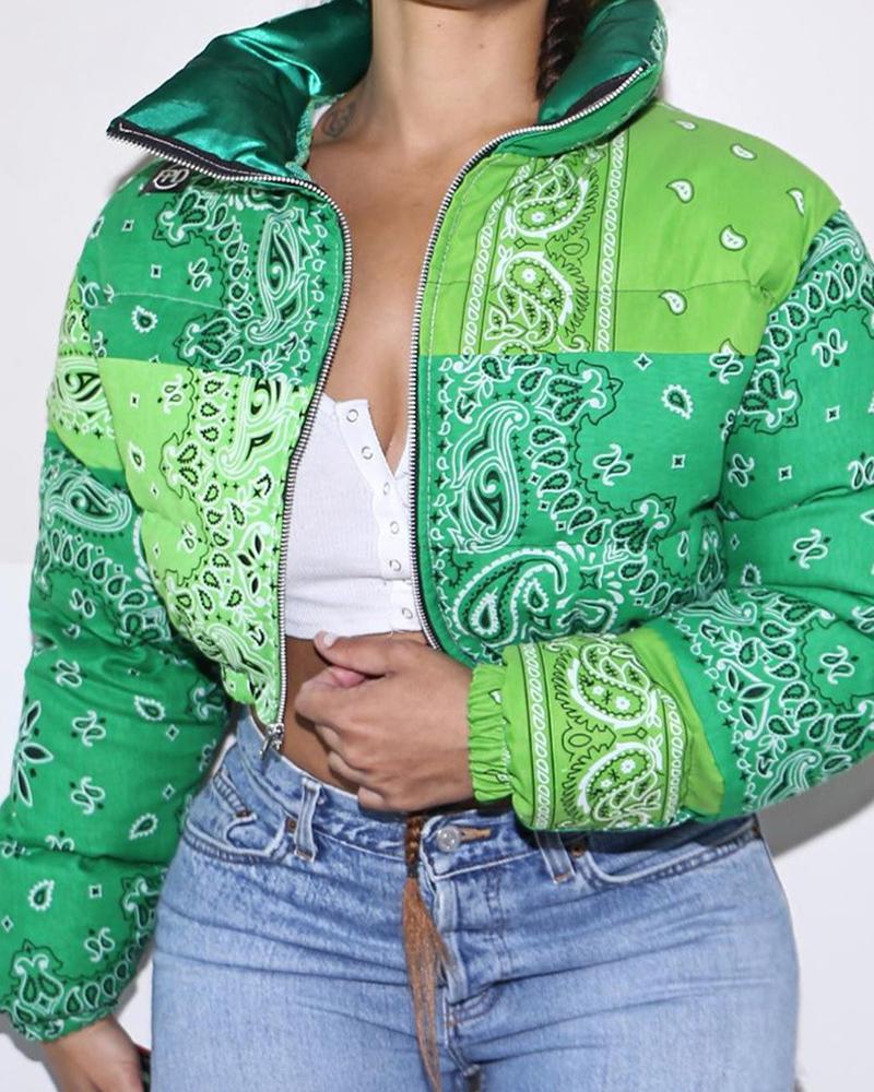Paisley Pattern Zip Up Crop Puffer Jacket-yoyobikini