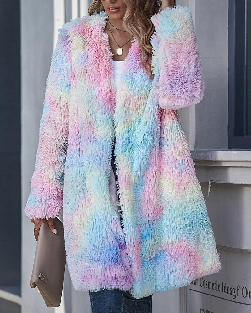 Tie Dye Fuzzy Open Front Coat-yoyobikini