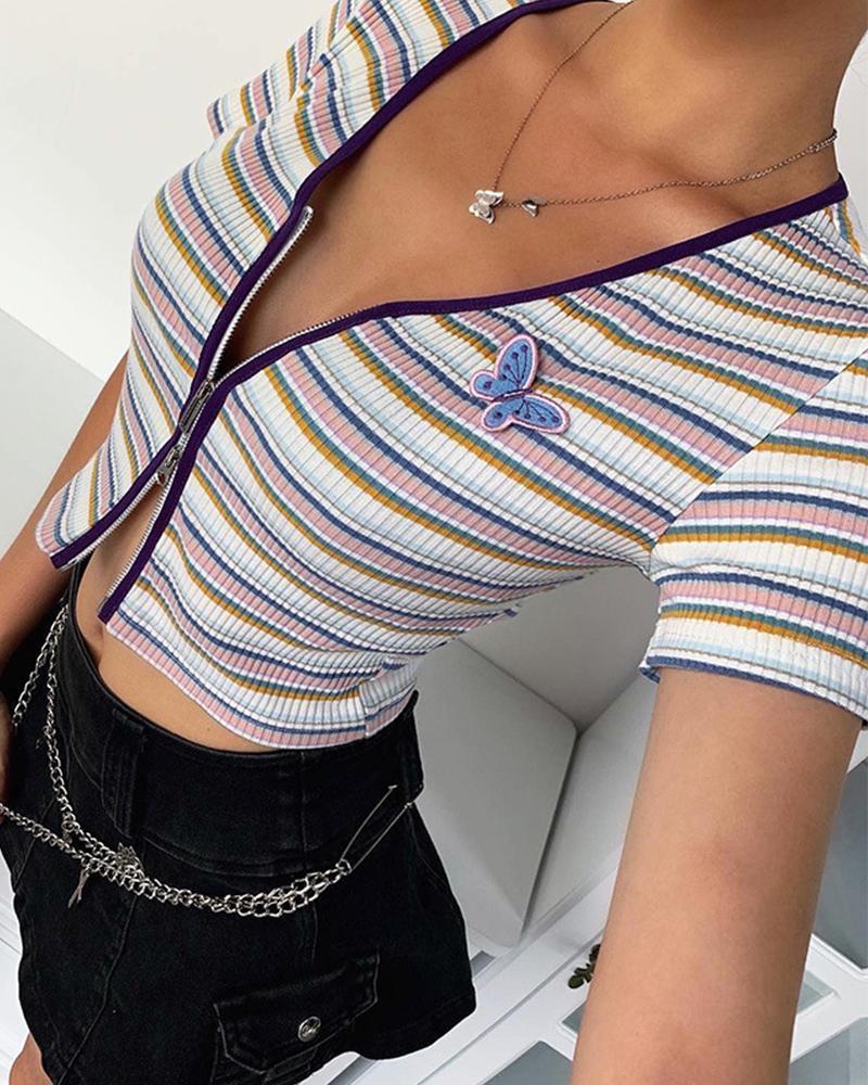 Striped Zip Front Crop Top-yoyobikini