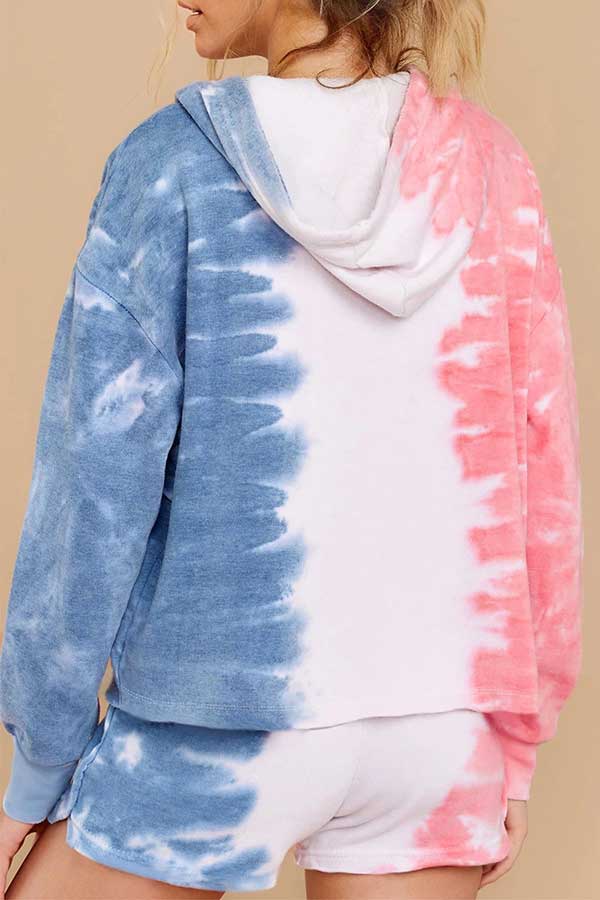 Long Sleeve Tie Dye Hooodie And Shorts Pajamas Set-yoyobikini