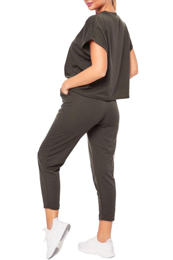 Solid Short Sleeve Tee Pocket Capri Sports Set-yoyobikini