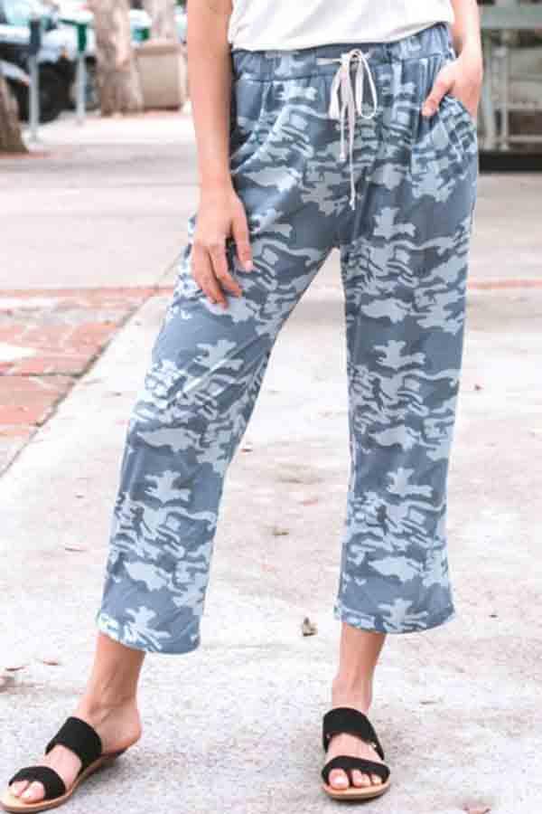 Women's Camouflage Print Pocket Loose Pajama Pants Blue-yoyobikini