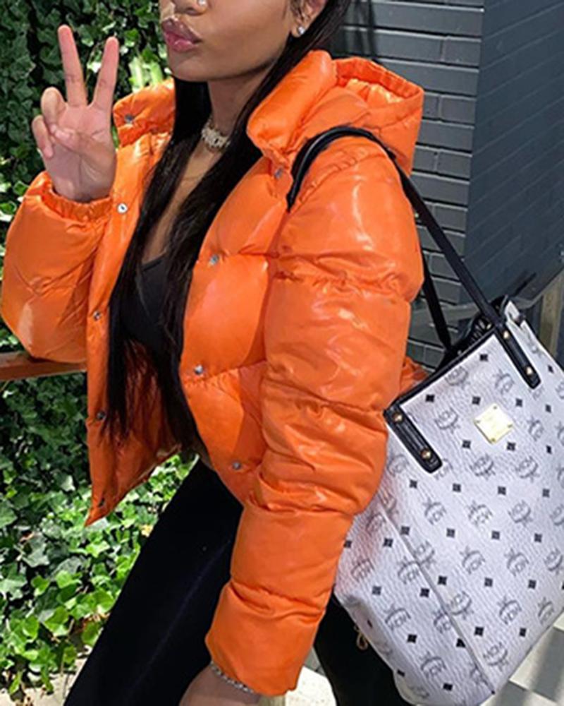 Solid Button Front Hooded Puffer Coat-yoyobikini