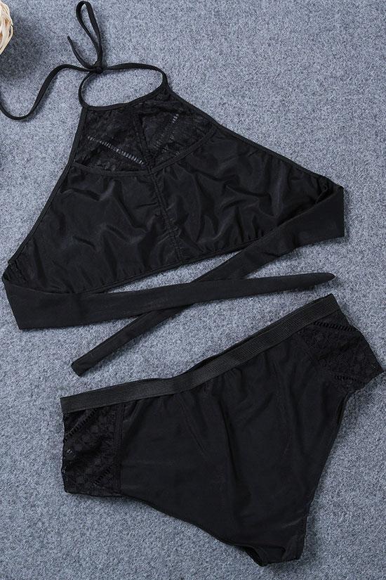 Plus Size High Neck Lace Panel Bikini Swimsuit - Two Piece Set-yoyobikini