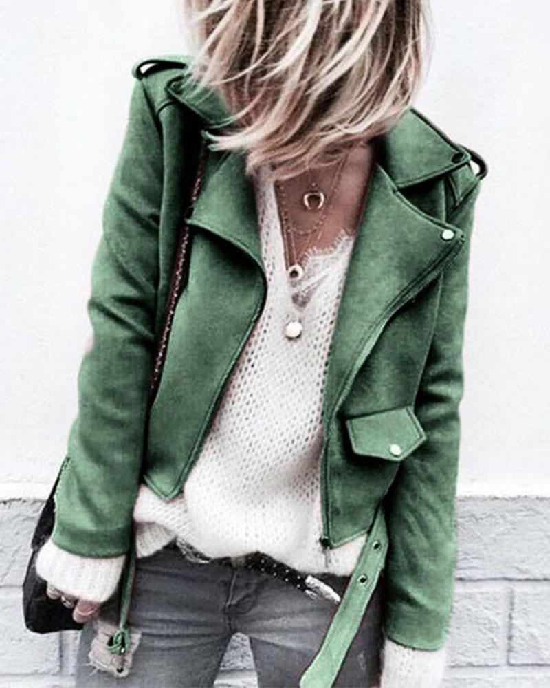 Suede Zip Up Flap Pocket Belted Moto Jacket-yoyobikini