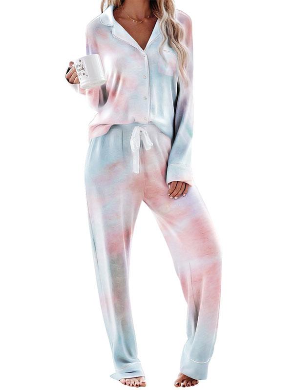 Tie Dye Long Sleeve Top Drawstring Pocket Pants Pajama Set-yoyobikini