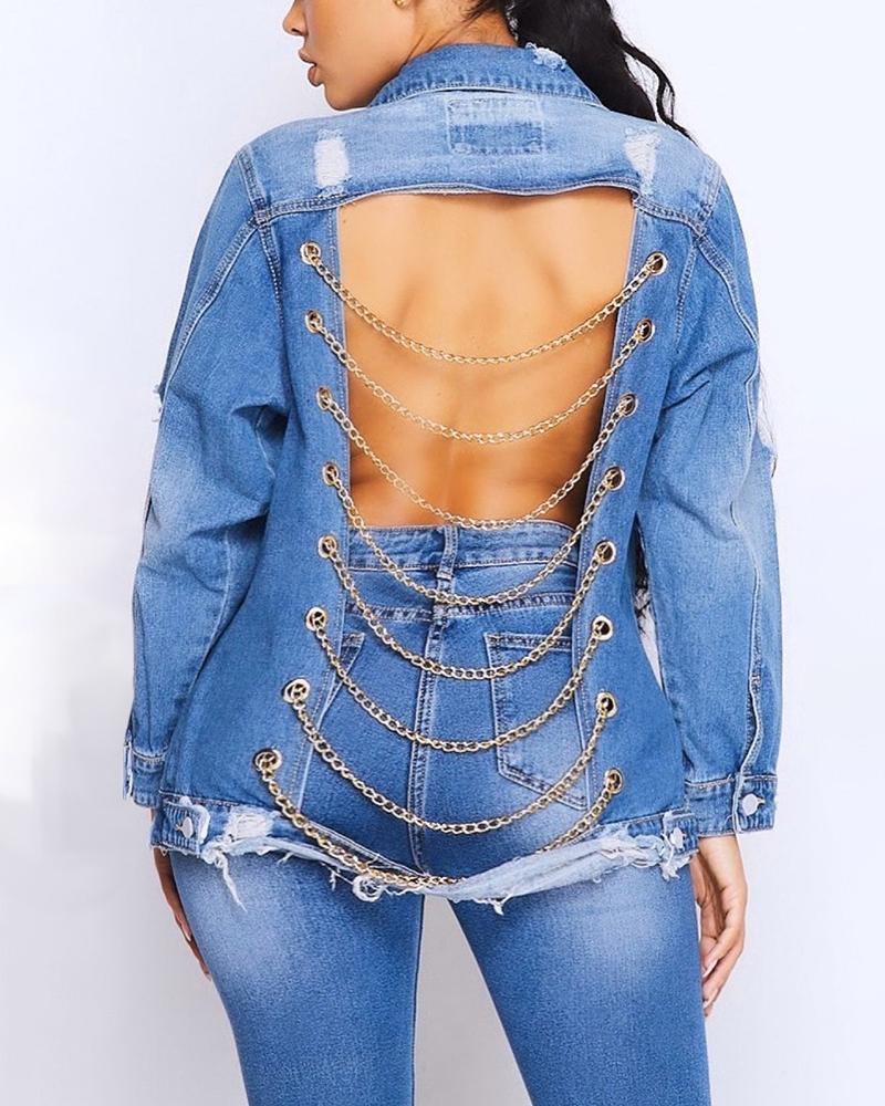 Ripped Button Up Chain Lace Up Hollow Out Back Denim Jacket-yoyobikini