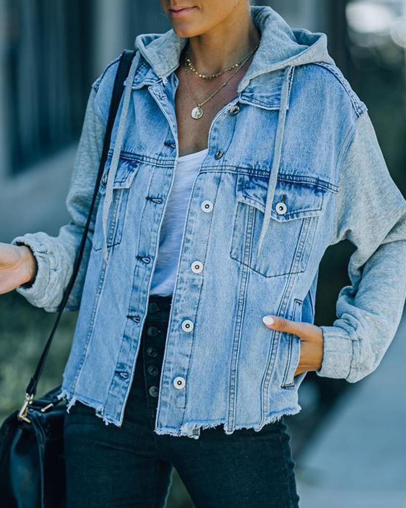 Raw Edge Drawstring Flap Pocket 2 In 1 Hooded Denim Jacket-yoyobikini