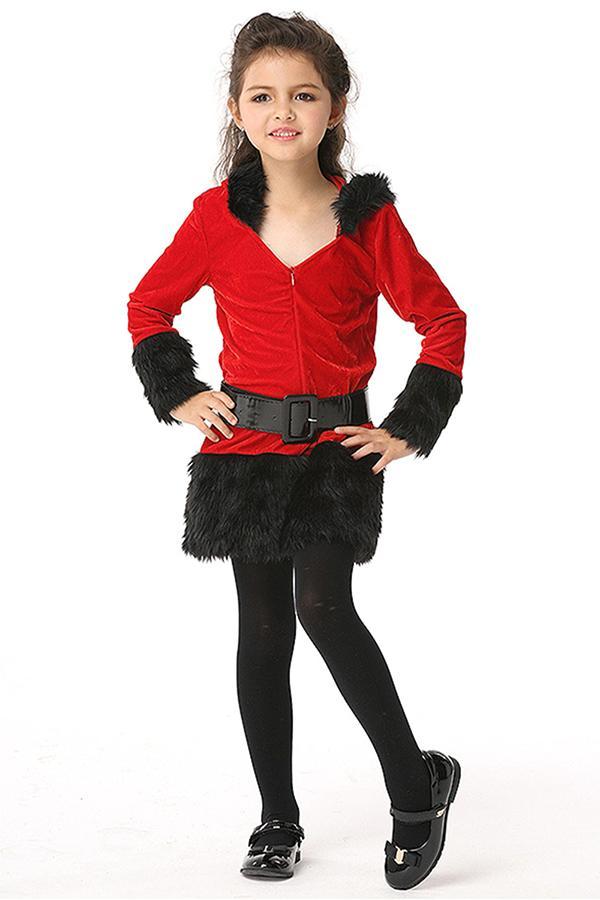 Fur Trim Hooded V Neck Christmas Dress Kids Girls Santa Claus Costume-yoyobikini