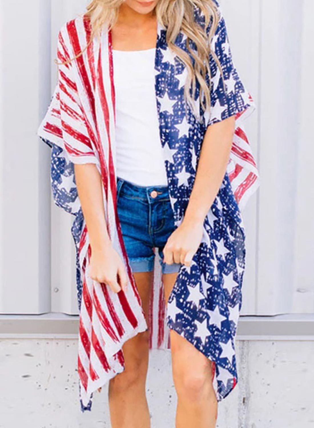 Half Sleeve Shawl Flag Kimono Cover Up-yoyobikini