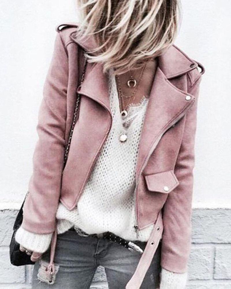 Suede Zip Up Flap Pocket Belted Moto Jacket-yoyobikini