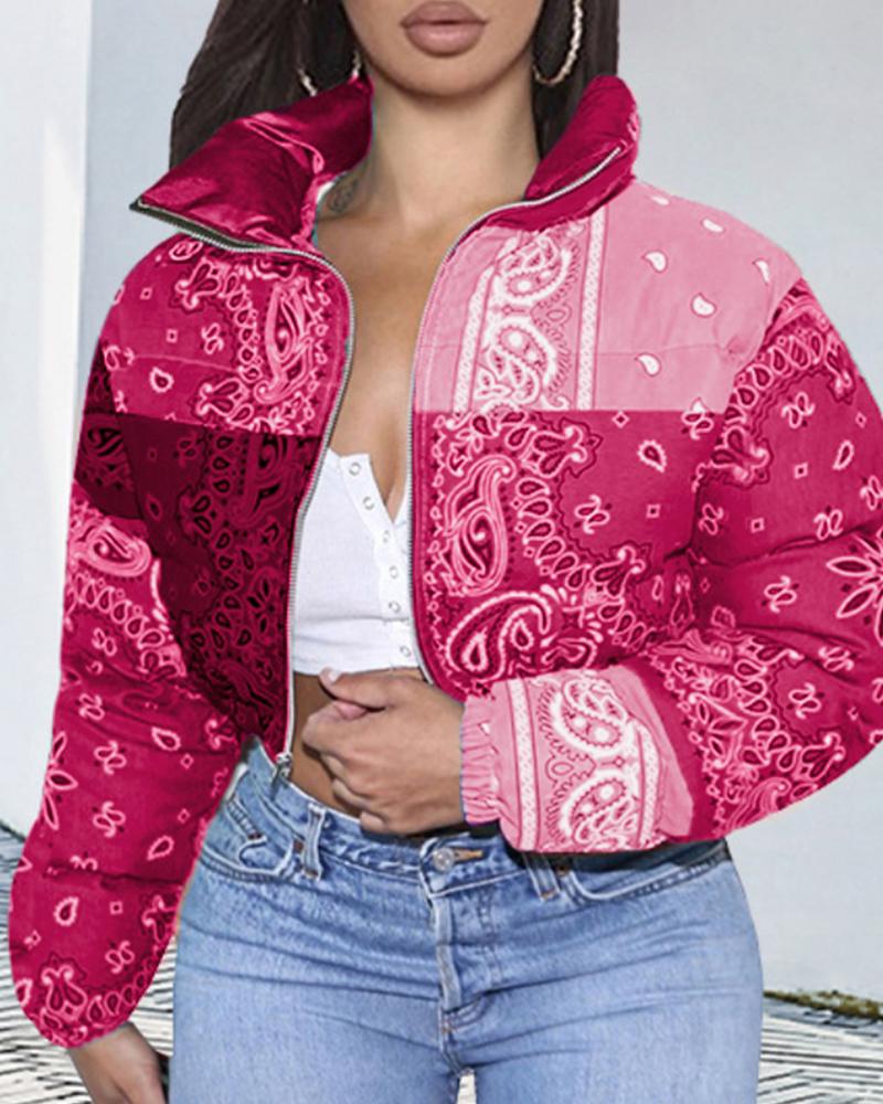 Paisley Pattern Zip Up Crop Puffer Jacket-yoyobikini