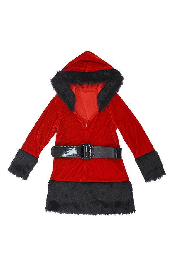 Fur Trim Hooded V Neck Christmas Dress Kids Girls Santa Claus Costume-yoyobikini