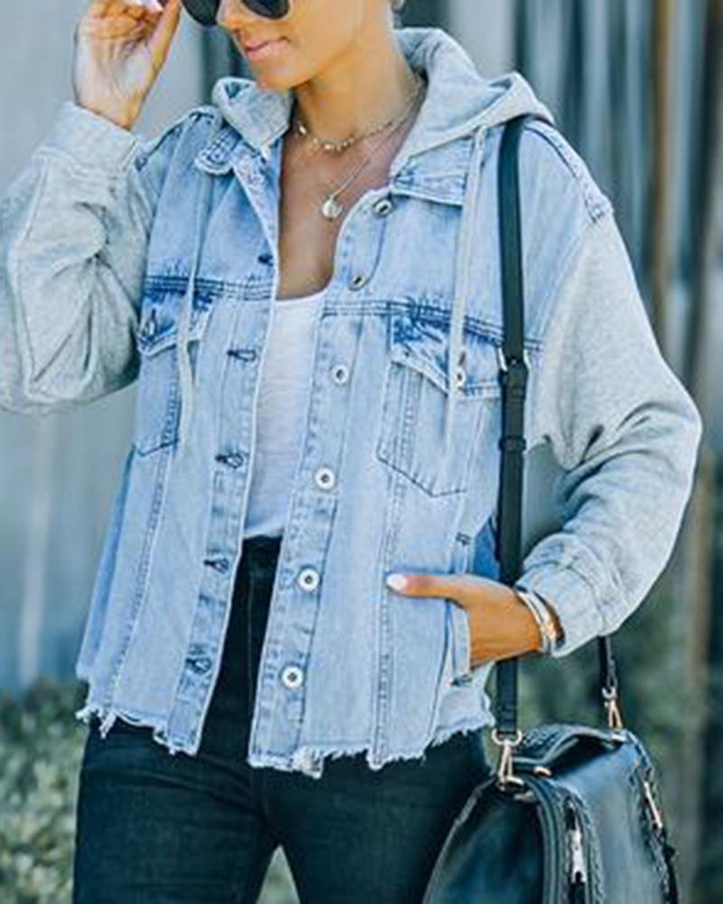 Raw Edge Drawstring Flap Pocket 2 In 1 Hooded Denim Jacket-yoyobikini