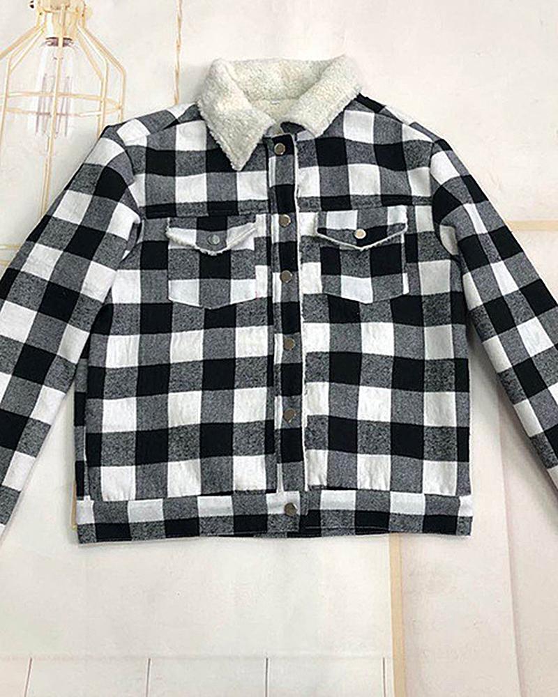 Thermal Lined Plaid Button Up Flap Pocket Coat-yoyobikini