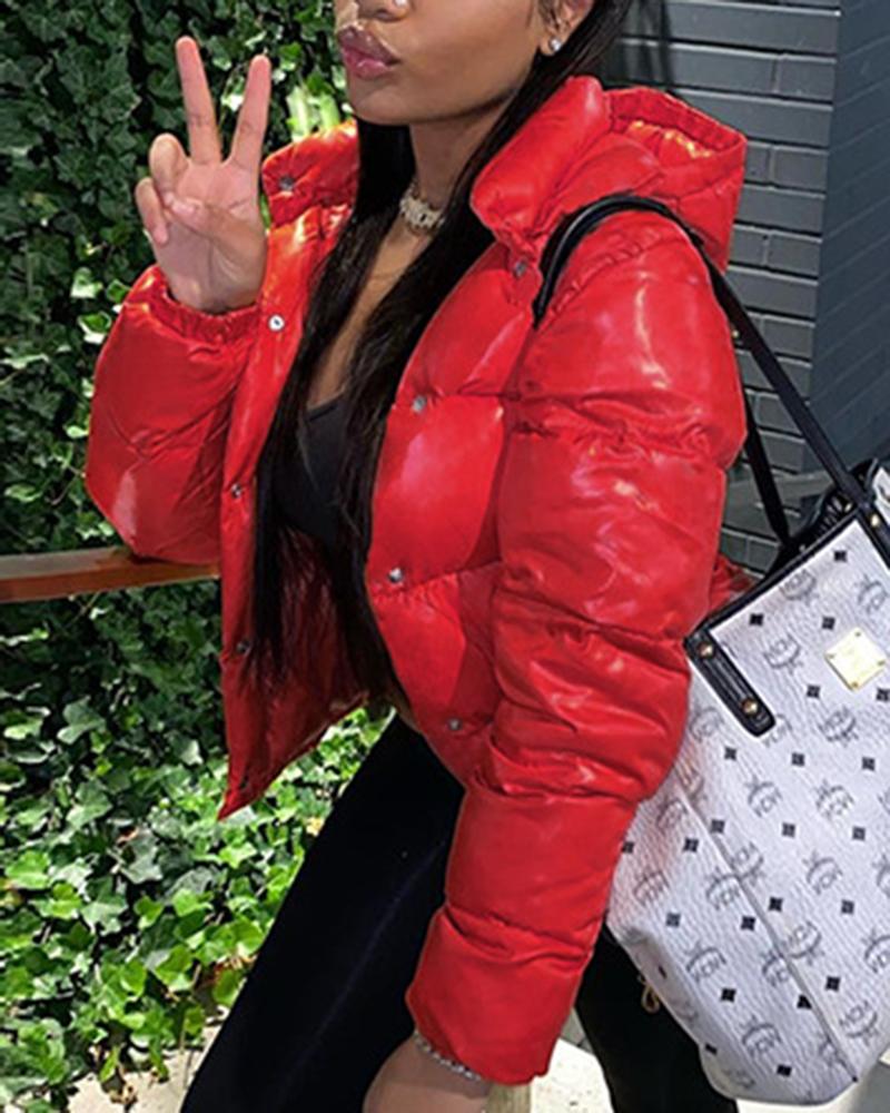 Solid Button Front Hooded Puffer Coat-yoyobikini