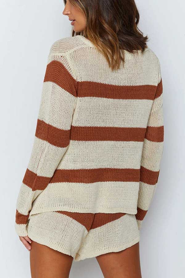 Striped Long Sleeve V Neck Top Drawstring Shorts Leisure Suit-yoyobikini