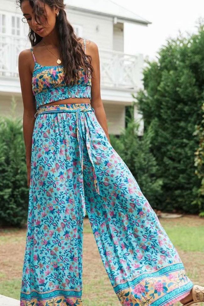 Bohemian Print Shirred Crop Top with High Waist Pants-yoyobikini