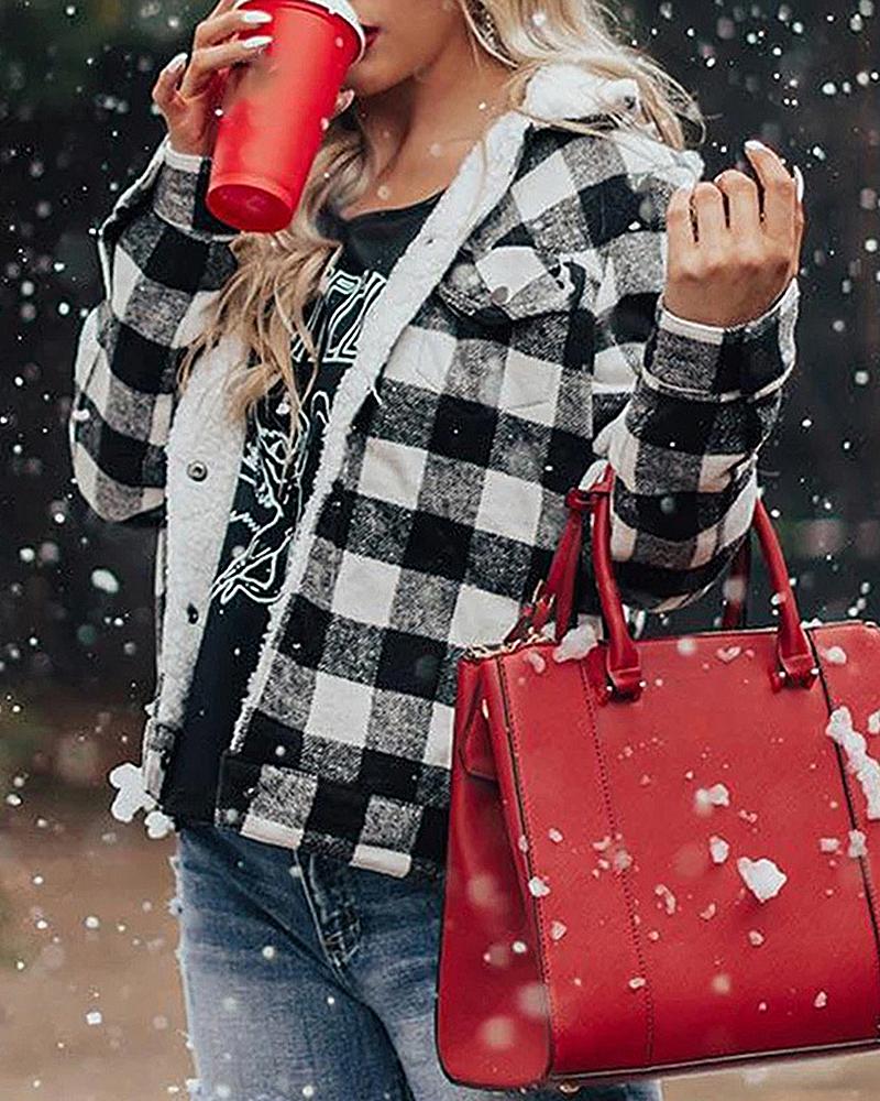 Thermal Lined Plaid Button Up Flap Pocket Coat-yoyobikini