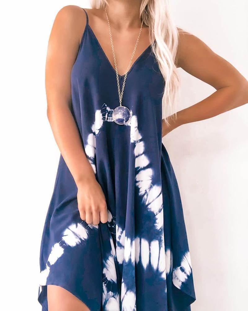 Spaghetti Strap Tie Dye Print Irregular Casual Dress