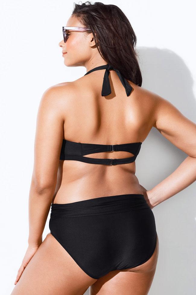 Plus Size Solid High Waist V Neck Halter Bikini Swimsuit - Two Piece Set-yoyobikini