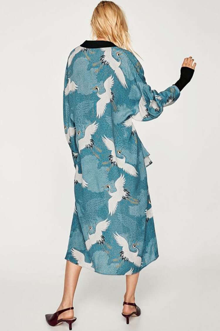 Breezy High Slit Crane Printed Belted Beach Cover Up-yoyobikini