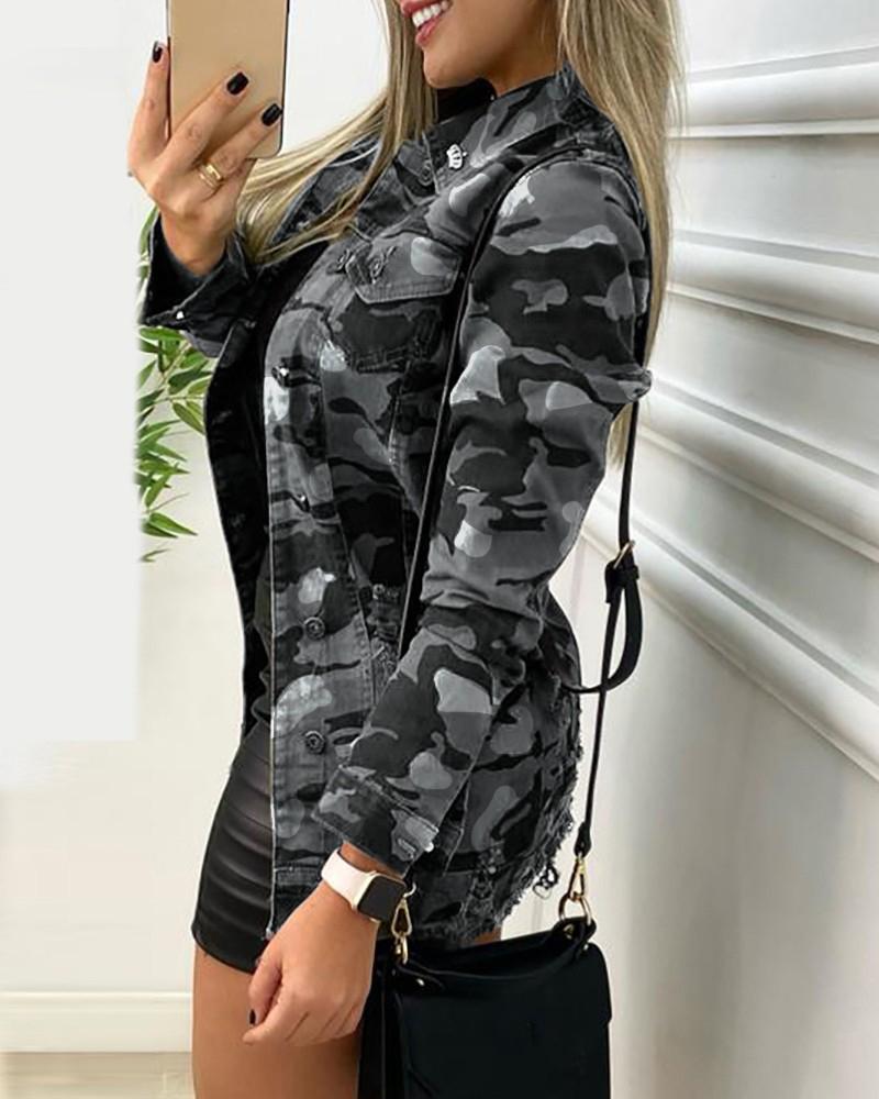 Camo Print Ripped Button Up Jacket-yoyobikini