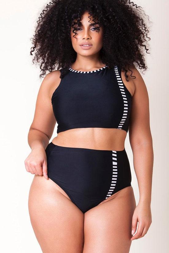 Plus Size Contrast Striped High Waisted Crop Bikini Swimsuit - Two Piece Set-yoyobikini