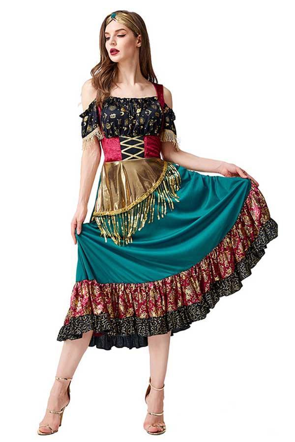 Flamenco Gypsy Costume Halloween Costume Green-yoyobikini