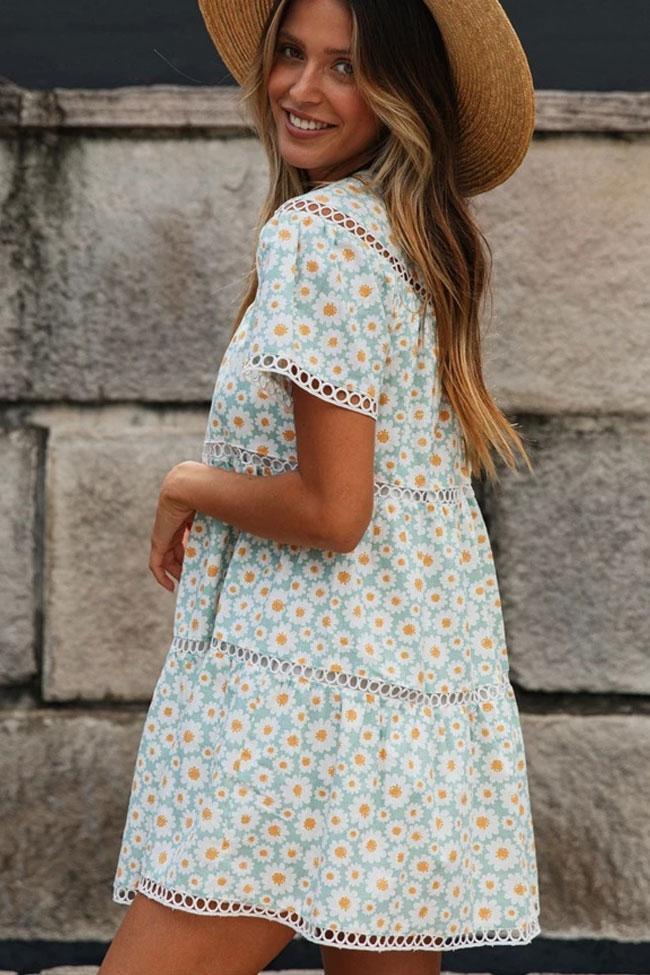 Daisy Floral Sleeved Openwork Beach Babydoll Dress