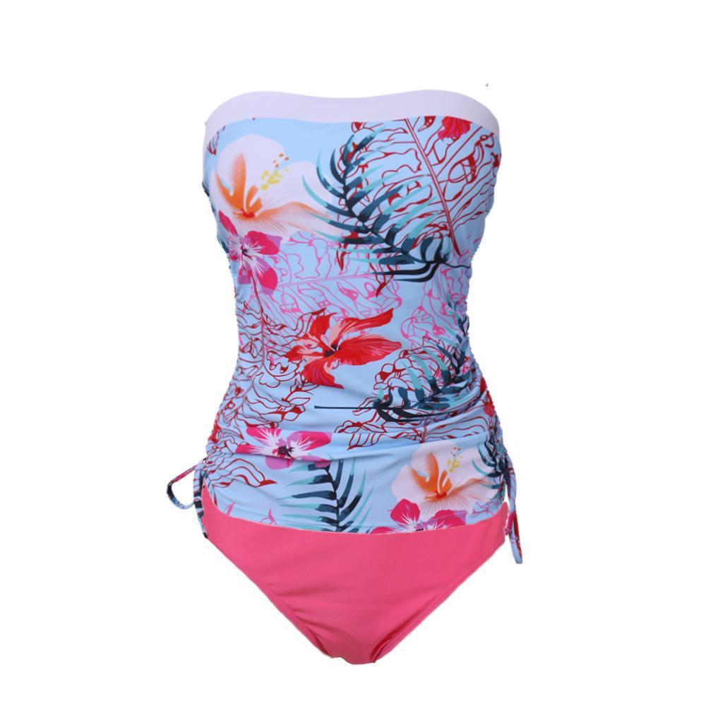 Floral & Red Strapless Wide Top Band Bandeau Two Piece Tankini Swimsuit-yoyobikini