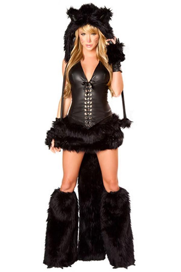 Womens Sexy Black Cat Furry Costume-yoyobikini