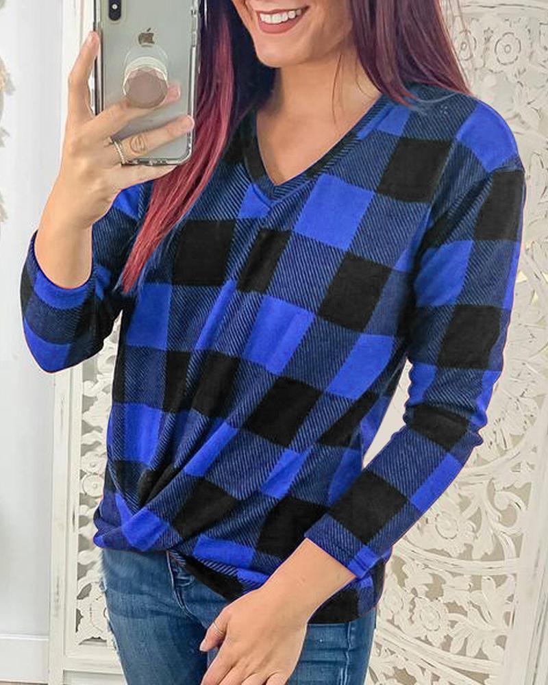 V Neck Long Sleeve Plaid Top-yoyobikini
