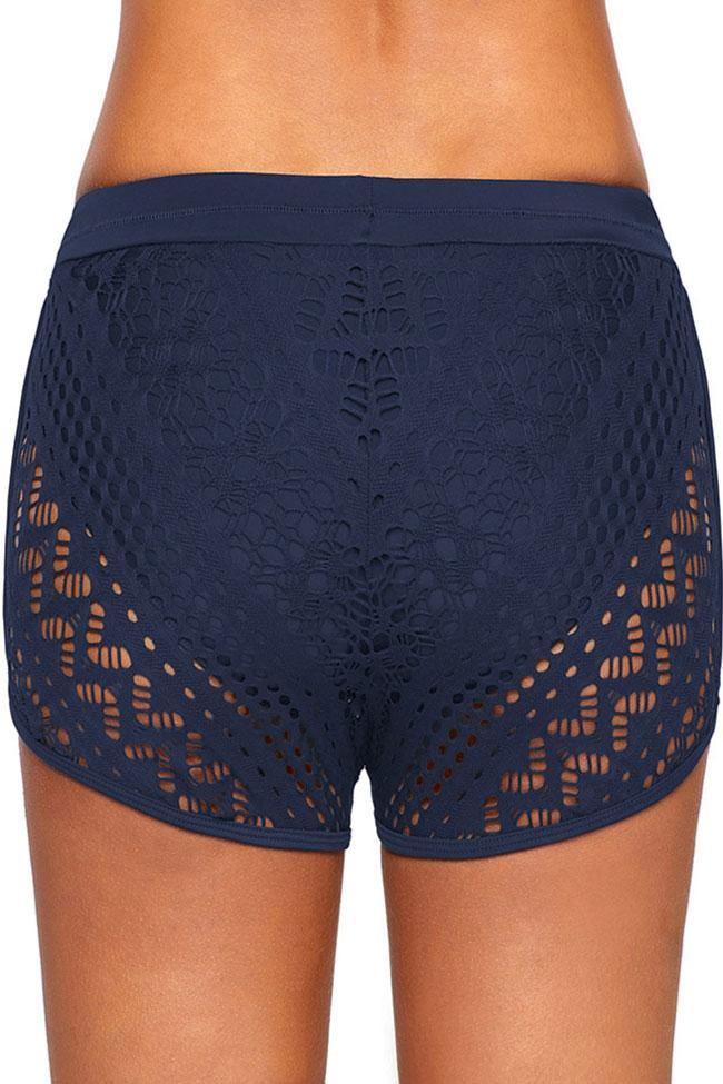 Tied Front Hollow Out Lace Overlay Boyshort Bikini Bottom-yoyobikini