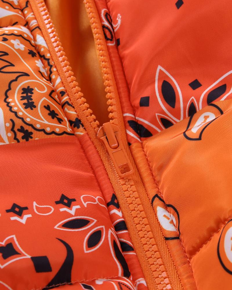 Paisley Pattern Zip Up Crop Puffer Jacket-yoyobikini