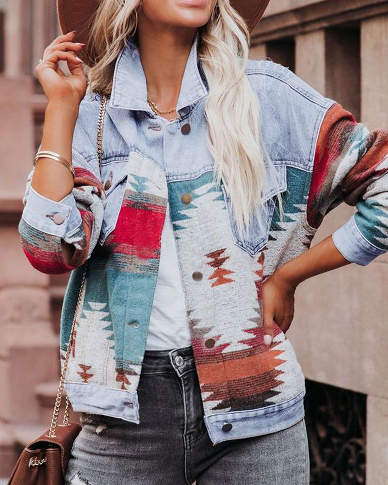 Graphic Print Flap Pocket Front Denim Jacket-yoyobikini