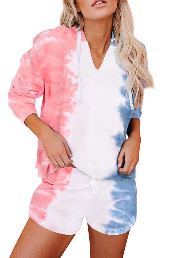 Long Sleeve Tie Dye Hooodie And Shorts Pajamas Set-yoyobikini