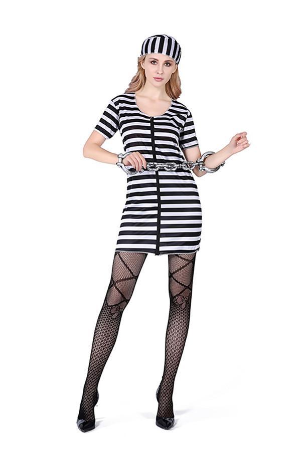 Fancy Dress Short Sleeve Stripe Prisoner Halloween Costume For Women-yoyobikini