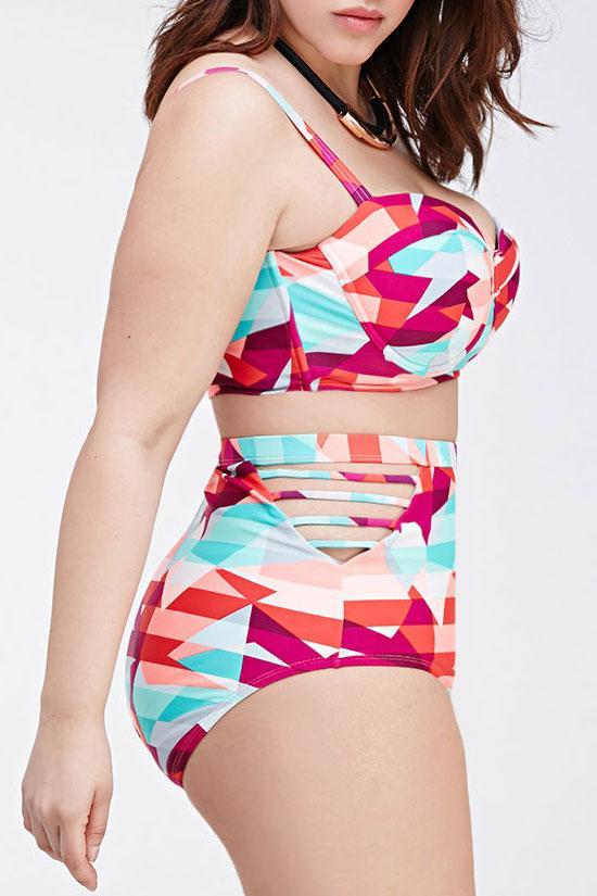 Plus Size Colorful Geometric Bandeau Bikini Swimsuit - Two Piece Set-yoyobikini