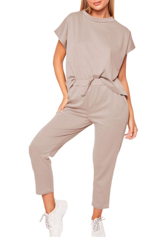 Solid Short Sleeve Tee Pocket Capri Sports Set-yoyobikini