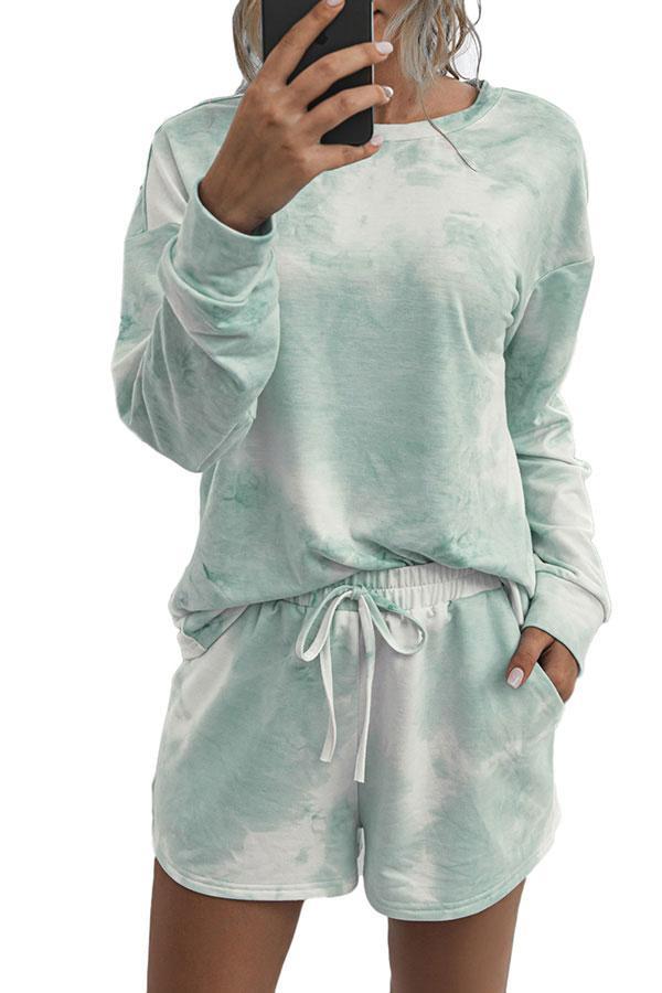 Women's Short Pajama Set Long Sleeve Top And Drawstring Shorts Lounge Set