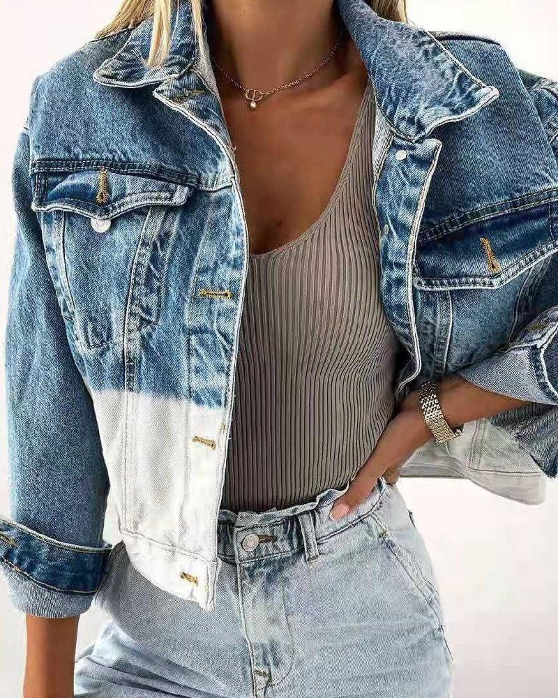 Two Tone Button Front Flap Pocket Denim Jacket-yoyobikini