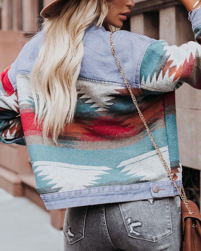 Graphic Print Flap Pocket Front Denim Jacket-yoyobikini