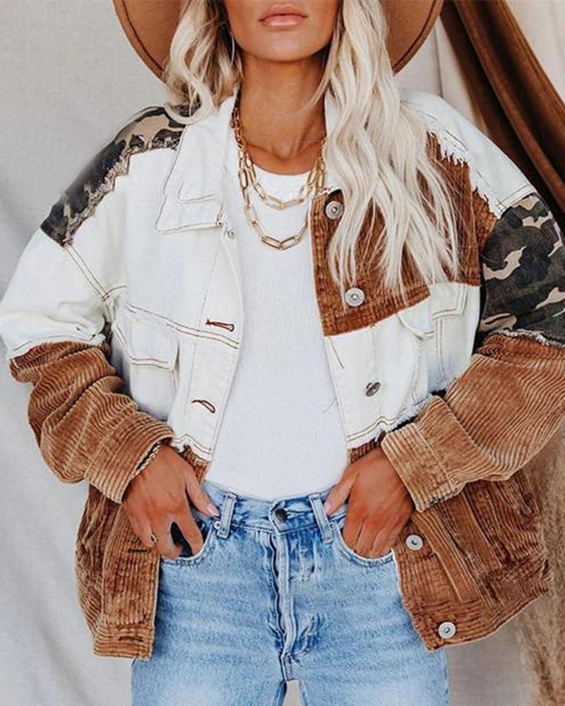 Camo Print Cut and Sew Frayed Trim Button Front Flap Pocket Jacket-yoyobikini