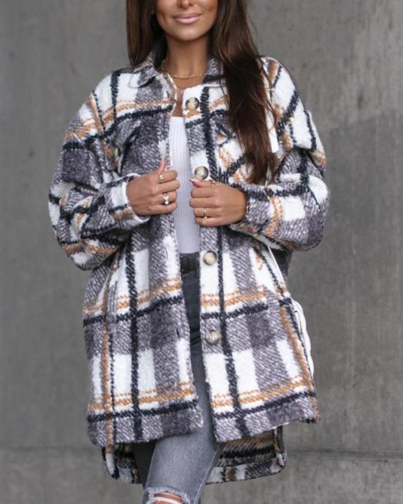 Plaid Print Button Front Belted Split Hem Pocket Detail Coat-yoyobikini