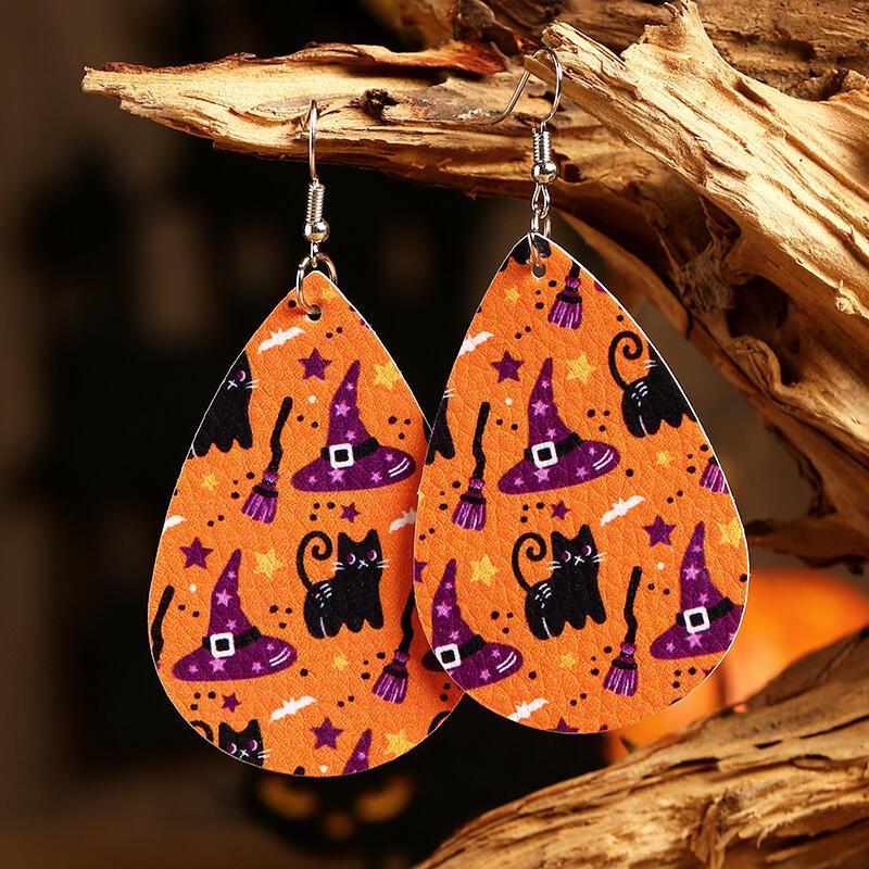 Halloween Pumpkin Skull Star Water Drop Leather Earrings-yoyobikini
